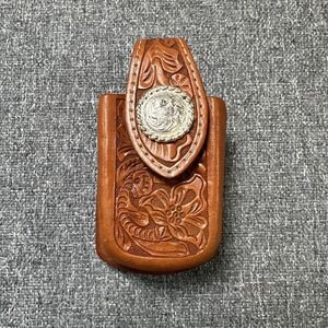 Hand Tooled Leather Money Clip Wallet Western Floral Concho Brown Vintage Y2K